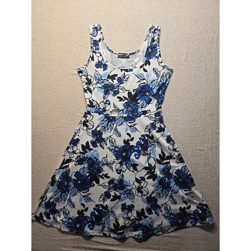 Fensace Blue Floral Skater Fit & Flare Sleeveless Scoop Neck DressSize S